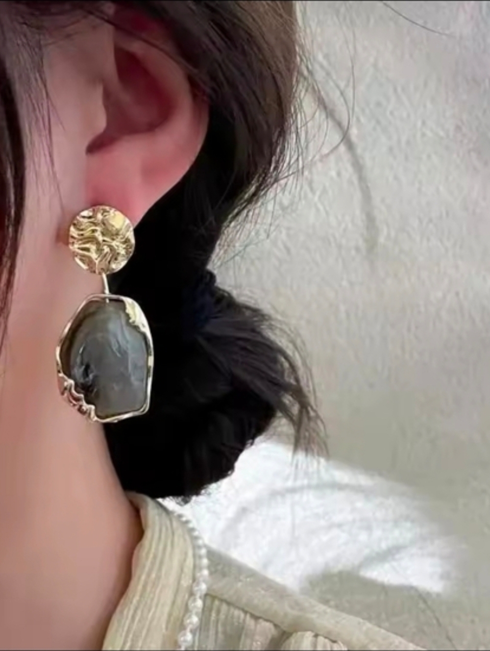 Gold And Gray-Tones Drop Earrings with Smoky Gray Stones - Picture 2 of 2